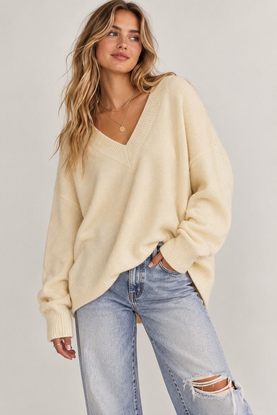 H&M Divided V-Neck Oversized Sweater NWT – Off White – Size M